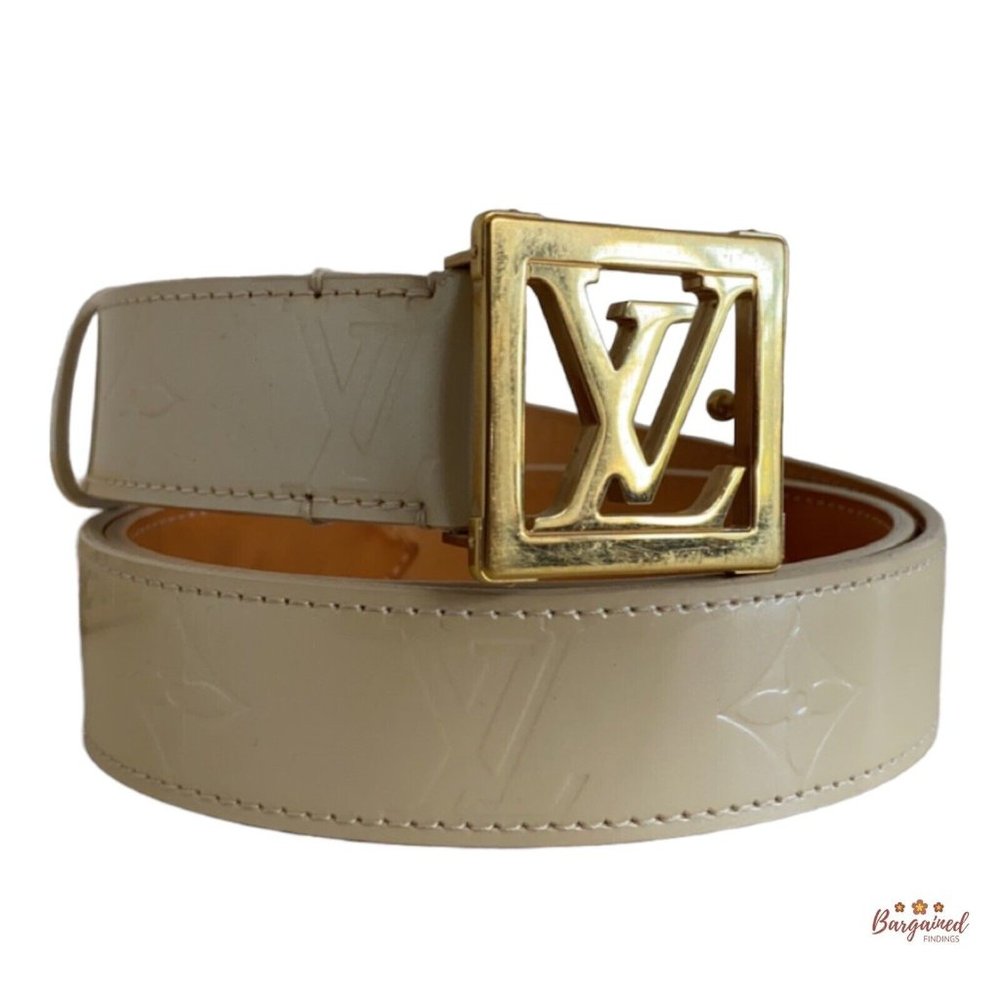 Authentic Louis Vuitton Blanc Corail Monogram Vernis LV Frame Belt Size 85/34